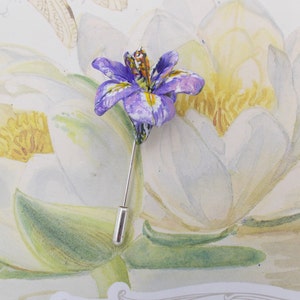 Purple IRIS PIN Floral Purple Clay Wedding Corsage Iris Lapel Flower Brooch February Birthday Flower Purple Irises- Handmade Hand Painted