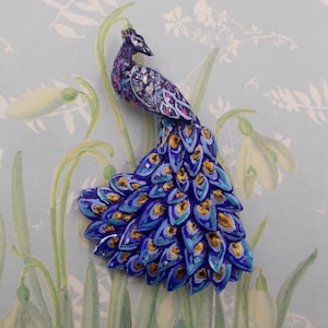 BROCHE DE PAVO REAL GRANDE, pájaro azul, ramillete nupcial, pin simbólico, solapa conmemorativa, pájaro nacional, pin conmemorativo de la India, hecho a mano, pintado a mano