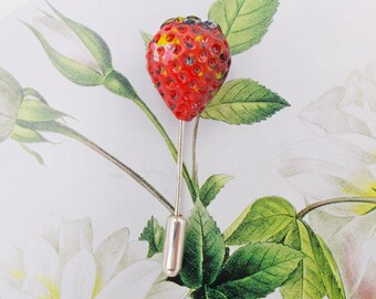 Small STRAWBERRY PIN Summer Wedding Corsage Red Berry Pin Fruit Lapel Pin Strawberrie Brooch Red Berries Boutonniere Red Lapel- Hand Painted