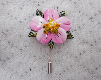 Handmade Pink Cherry Blossom Brooch: Floral Lapel Pin, Hand Painted