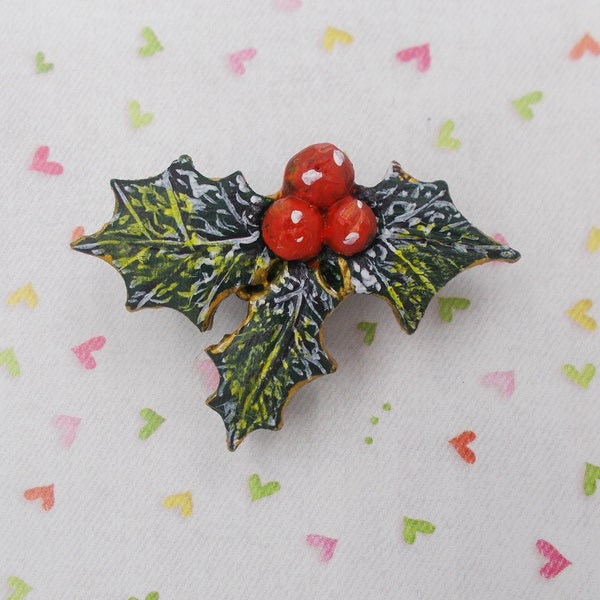 HOLLY and BERRIES BROOCH Christmas Holly Brooch Festive Pin Christmas Winter Wedding Lapel Flower Pin Xmas Yule Brooch - Hand Painted