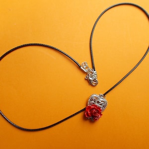 Red ROSE & HEART NECKLACE Rose on a Silver Tone Heart Pendant Flower Charm 19 "Black Waxed Cord Nylon Red Rose Love Token Gift - Hand Painte