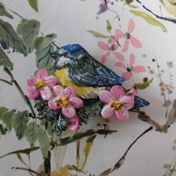 BLUE TIT BROOCH Clay Wildlife Wedding Corsage Pink Blossom Lapel Flower Pin Garden Bird Brooch Blue Bird Boutonniere - Handmade Hand Painted
