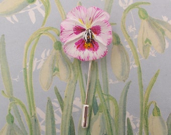 PANSY PIN Pink & White Pansy Pin Viola Pin Floral White Spring Wedding Brooch Pink Pansy Lapel Flower Boutonniere - Handmade HAND Painted