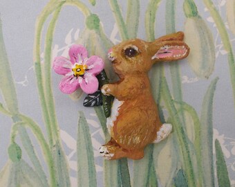 Pink Forget-Me-Not & Rabbit Brooch Forget-Me-Not Pin Rabbit Pin Pink Wedding Corsage Friendship Pin Easter Bunny Pin-Handmade Hand Painted