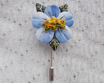 Handmade Blue Flower Pin: Hand-Painted Cherry Blossom Floral Lapel Brooch, Hand Painted
