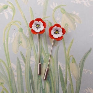 Hand Painted Poppy Stick Pin: Red, White & Black Flower Lapel Pin