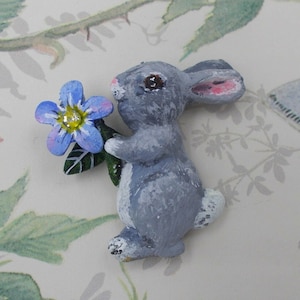 Hand Painted Rabbit Brooch: Forget-Me-Not Flower Pin, Handmade