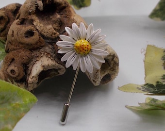 Hand-Painted Daisy Pin: Silver Plated White Daisy Flower Lapel Brooch