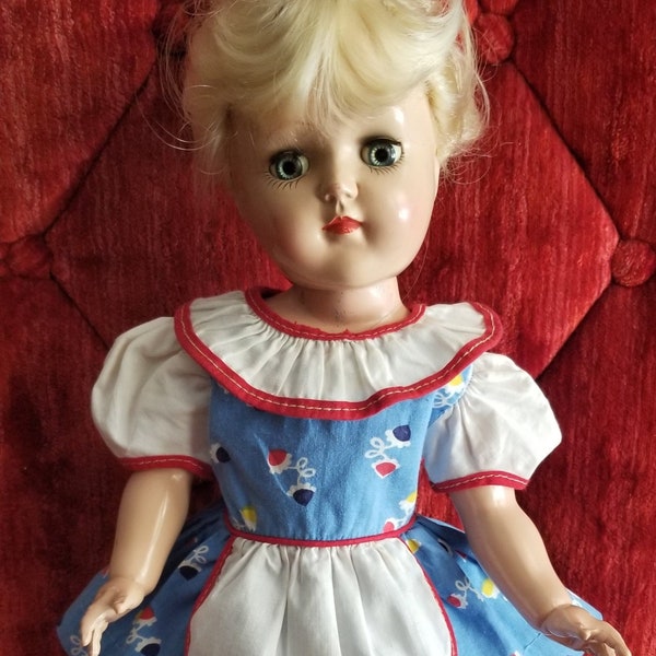 Vintage factory doll dress in red trim blue & white cotton and fun print for your 16" HP dolls like Toni  and friends