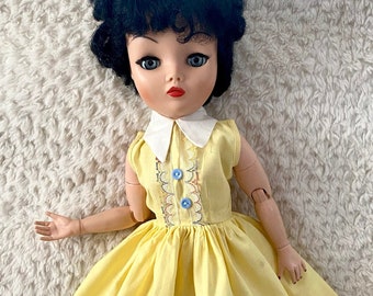 Vintage 1950’s doll dress in sunny yellow with blue buttons and multi colored lace for your 18”-19” dolls like Dollikin and friends .