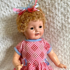 Vintage doll dress in vibrant pink and red check cotton with blue cotton trim and button back for your 19” Compo dolls like Patsy Ann