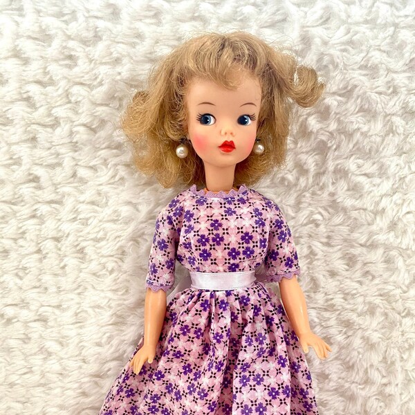 Vintage 1960’s summer gown in purple and white floral cotton and zig zag trim for your sweet Ideal  Tammy dolls Dress only