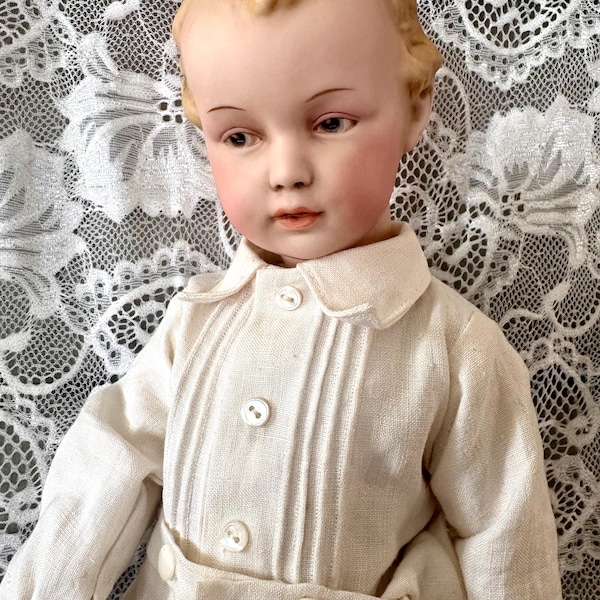 Gebrüder Heubach 7322 Artist Reproduction doll on a Seeley Composition Body no issues beautiful boy  15.5” tall beautiful linen suit.