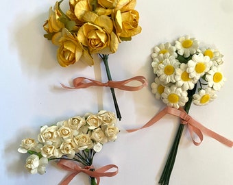 Wired Vintage Millinery flower bunches for your doll hats & crafts You choose white daisy's yellow roses or small white roses - Japan