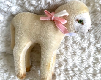 Vintage Steiff Lamby with white label sweet little 5” mohair lamb with pink ribbon for your Steiff and doll collections