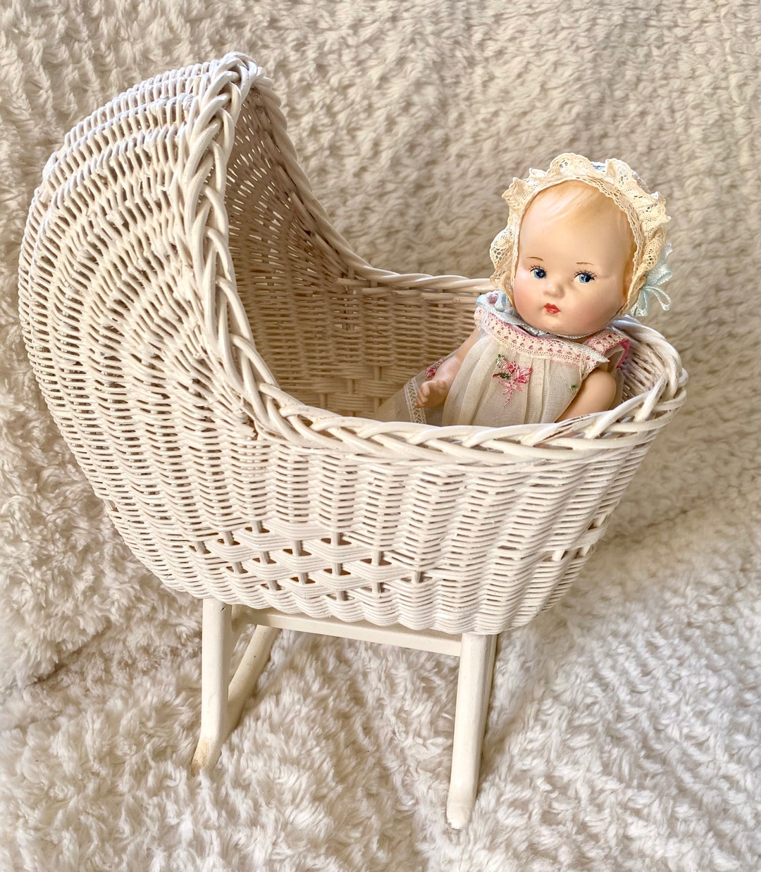 Vintage Painted Wood Wicker Doll Cradle Fabulous for Your 8 Baby Dolls
