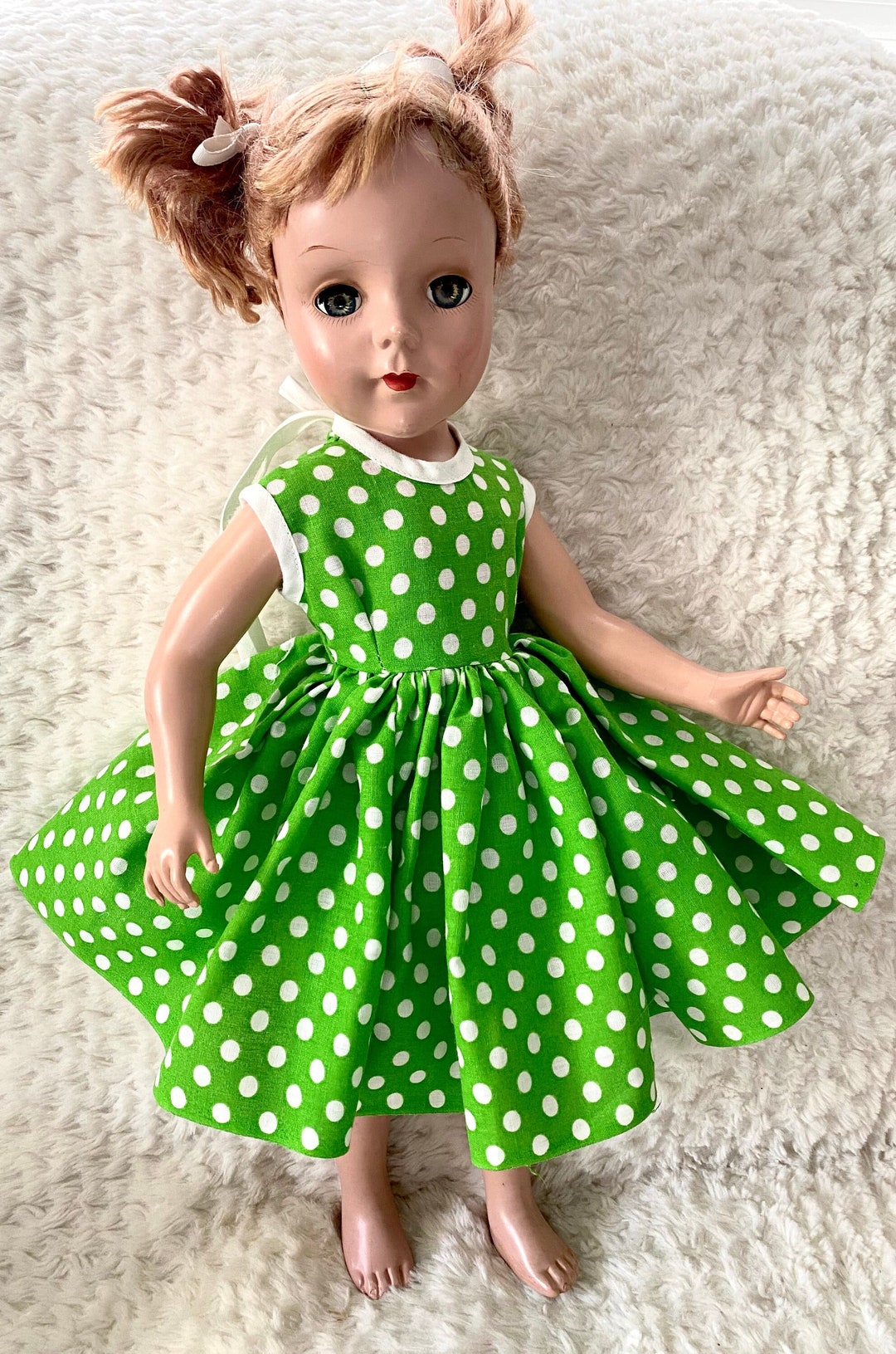 Vintage Doll Dress in Vibrant Lime Green and White Polka Dots for Your