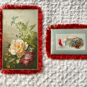 Sale ! Lot of two Victorian red Silk Fringe Christmas Cards Double Sided Lithograph 1800s Christmas Winter Victorian theme Nice condition