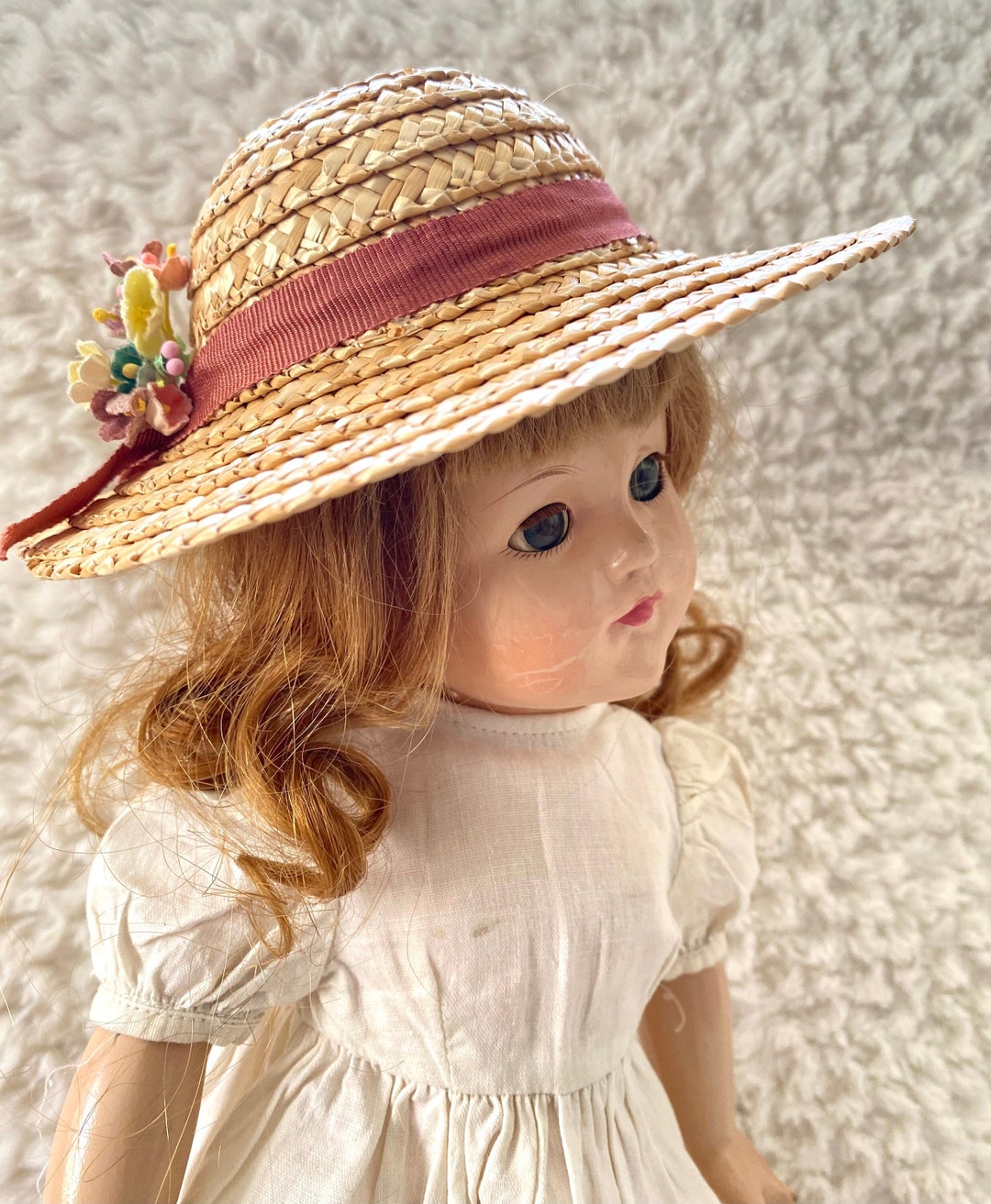 Vintage Straw Doll Hat With Grosgrain Ribbon & Vintage Flowers Etsy