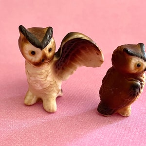 Miniature Bisque Owl Figurines: Mother and Baby Diorama Set