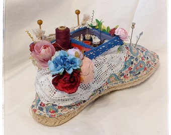 Cath Kidston shoes/upcycled pin cushion/novelty pin cushion/sewing organiser