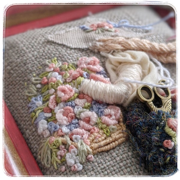 Mixed media/embroidery/textile art/framed art/flower picking girl/roses