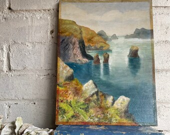 Small Vintage Seascape Oil painting on Board. Lovely blue seascape painting with ocean rocks. Blue aesthetic. Sea and ocean decor