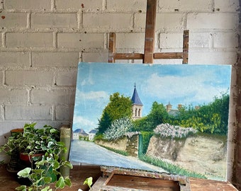 French Village: Vintage Oil on Board in Pointillism style. Lovely colourful French floral oil  painting for country interiors