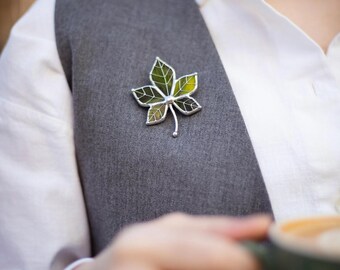 Stained Glass Chestnut Brooch – Handmade Nature Inspired Jewelry
