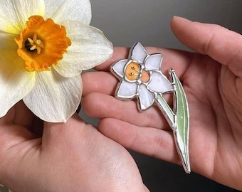 Narcissus Stained Glass Brooch Pin Spring Flowers Handmade Jewelry Ornament Plant Mother's Day Gift
