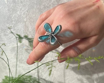 Stained Glass Blue Flower Ring Jewelry Ornament Flora Women's Gift Plant Mother's Day