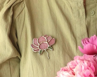 Pion Stained Glass Brooch Gift Mother's day Pink Flower Pin Handmade Jewelry Ornament Plant