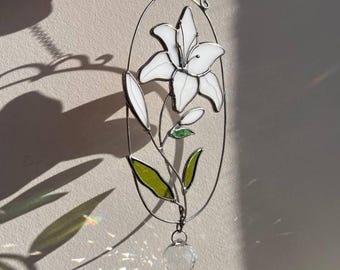 Stained Glass Lily Suncatcher – Handmade Tiffany Style Prism Window Decor