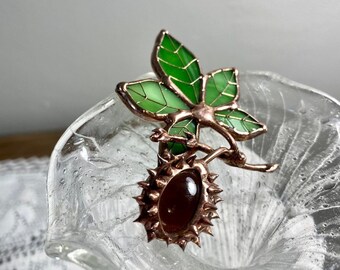 Steined Glass Tiffany Brooch Chestnut Woman's Pin Jewelry Gift Plant Ornament Nature