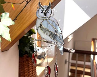Stained Glass Tiffany Owl Dream Catcher, Feather Window Decor