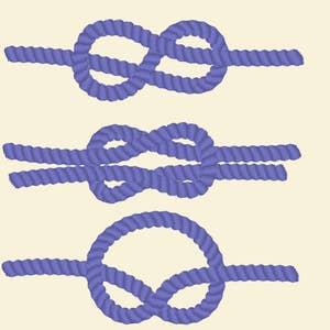 Può includere: Tre tipi diversi di nodi legati con una corda viola. I nodi sono un nodo a otto, un nodo quadrato e un nodo rotondo.