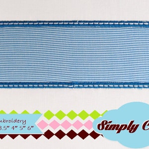 May include: A blue rectangular embroidery design with a white stitched border. The design is available in sizes from 2 to 6 inches. The text "Machine Embroidery" and "Simply Cuties" is visible below the design.