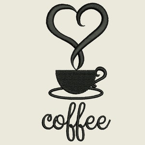 Puede incluir: Ilustración en blanco y negro de una taza de café con vapor en forma de corazón que sale de ella. El texto "coffee" está escrito debajo de la taza.