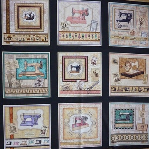 Könnte beinhalten: Ein schwarzes und weißes Stoffpanel mit neun Quadraten, die Vintage-Nähmaschinen in verschiedenen Farben und Stilen zeigen. Jedes Quadrat hat ein anderes Design und enthält Details wie Bänder, Knöpfe und Stoffreste.