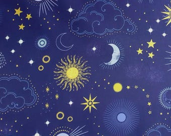 Celestial metallic - skies on midnight blue - sold by the meter