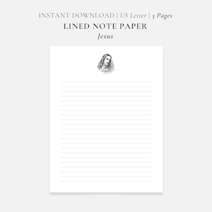 Gesù, cancelleria in carta per appunti stampabile cattolica, carta US Letter 8,5 x 11 pollici, carta da lettere digitale a righe, sfoderata