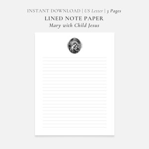 Maria com o Menino Jesus | Artigos de papelaria católicos para impressão | Carta dos EUA 8,5x11 pol. Papel para escrever cartas digitais forrado e sem forro