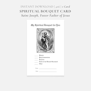 Scheda con download istantaneo stampabile per bouquet spirituale, San Giuseppe per la Festa del papà, preghiera cattolica, liturgica, devozione, fede, cristiano