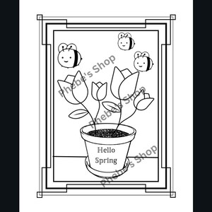 Puede incluir: Un dibujo en blanco y negro de una planta en maceta con tres flores y cuatro abejas. La maceta está etiquetada con "Hello Spring".