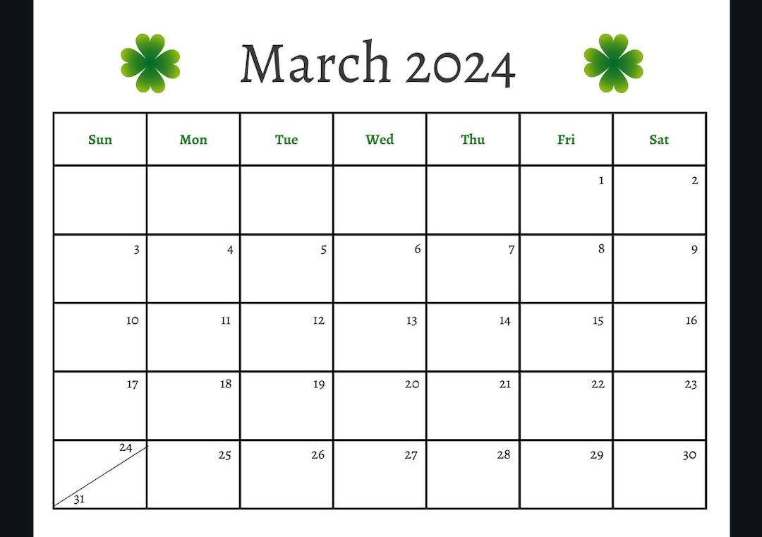 Printable Minimalist Shamrock March 2025 Calendar Etsy