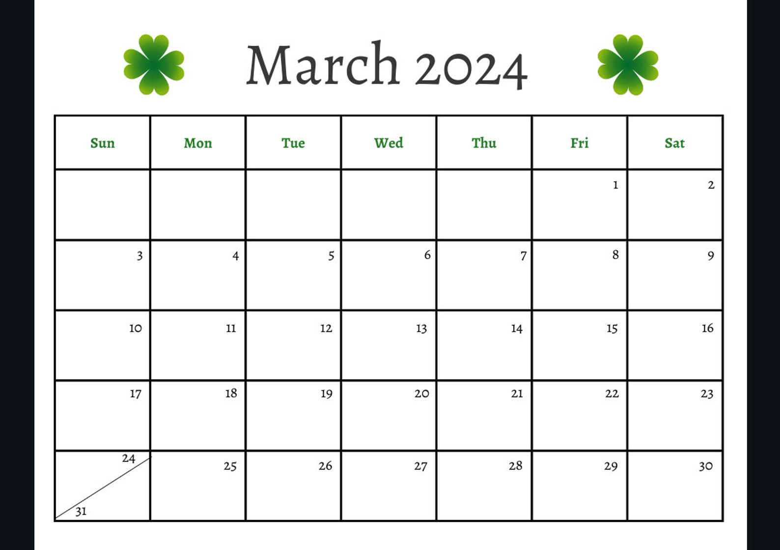Printable Minimalist Shamrock March 2024 Calendar Etsy