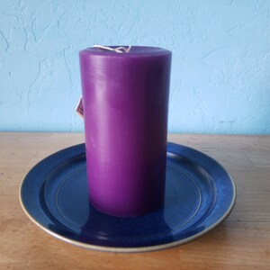 3 round, scented pillar candles 3 in x 6 in Handcrafted by a 3rd generation family owned business long burning and lightly scented Purple/Violet