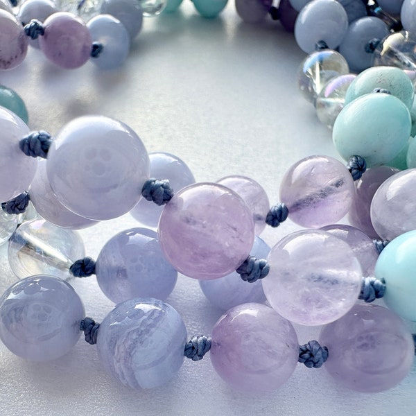 New Beginnings Meditation Mala with Lavender Amethyst, Rainbow Quartz , Lace Agate & Hemimorphite Aqua Gemstone Beads | 108 Mala Beads
