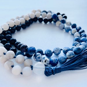 Mala, Sodalite, White Agate, and Blue Goldstone Mala Necklace, Meditation Mala, Mala Beads, Gemstone Necklace, Yoga Jewelry, 108 Mala Beads